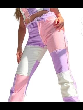 NWOT Pastel Patchwork High-Waist Jeans — Pink, Lavender & White